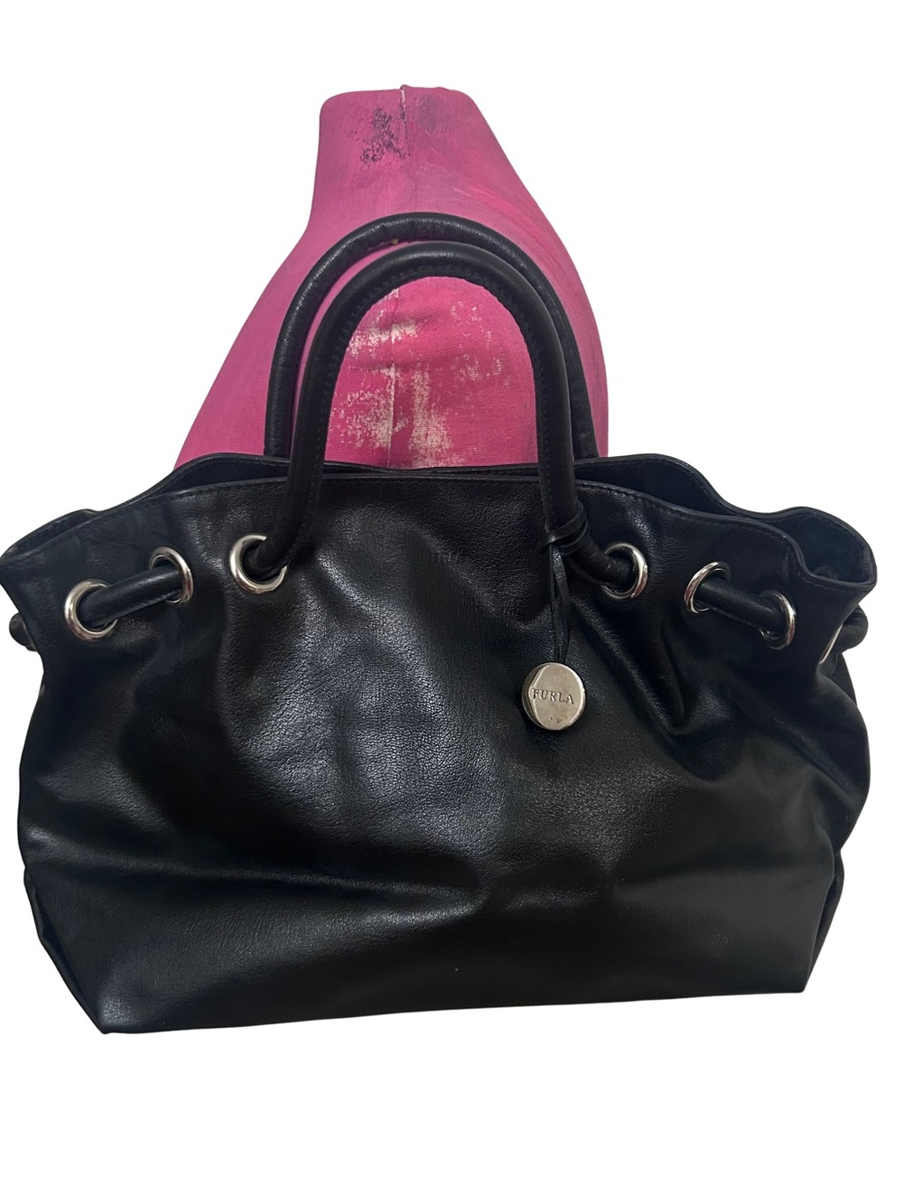 🖤MAKE OFFER🖤Furla Black Leather Shoulder Y2K Bag Purse Satchel Goth Punk Silver